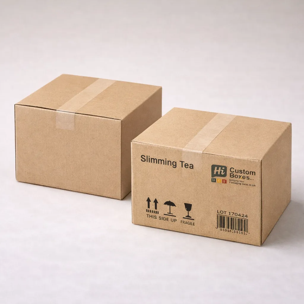 Elegant white and green tea boxes with custom branding and organic leaf illustrations on top. class=